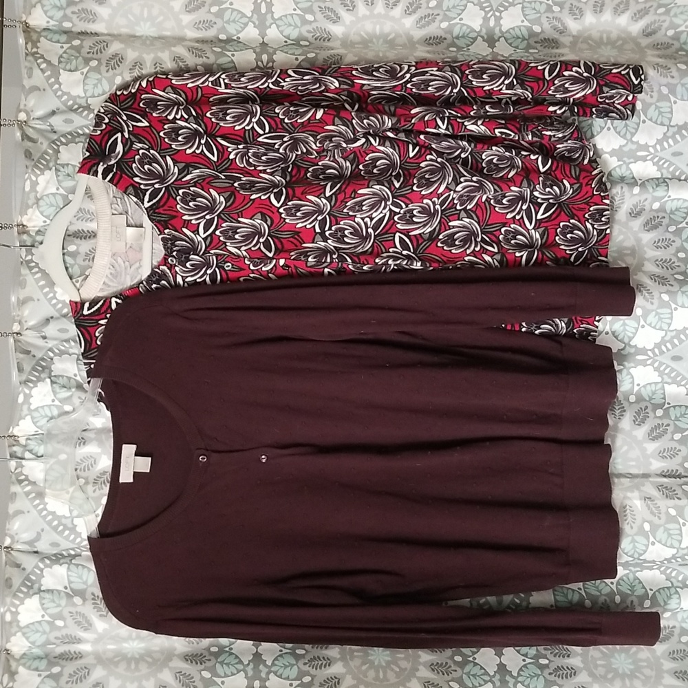 Loft cardigans, one burgundy with same color raised poka dots. Floral pattern